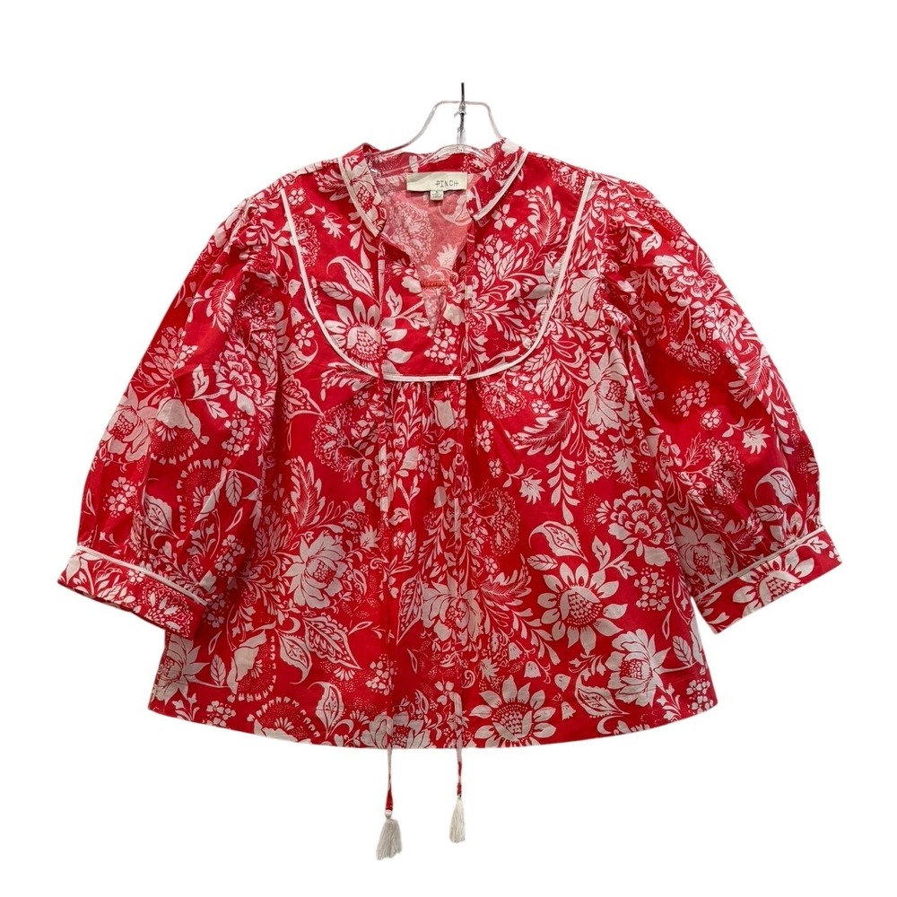 Pinch Womens Coral White Floral Cotton Boho Blouse Tassel Tie Puff Sleeve Top S